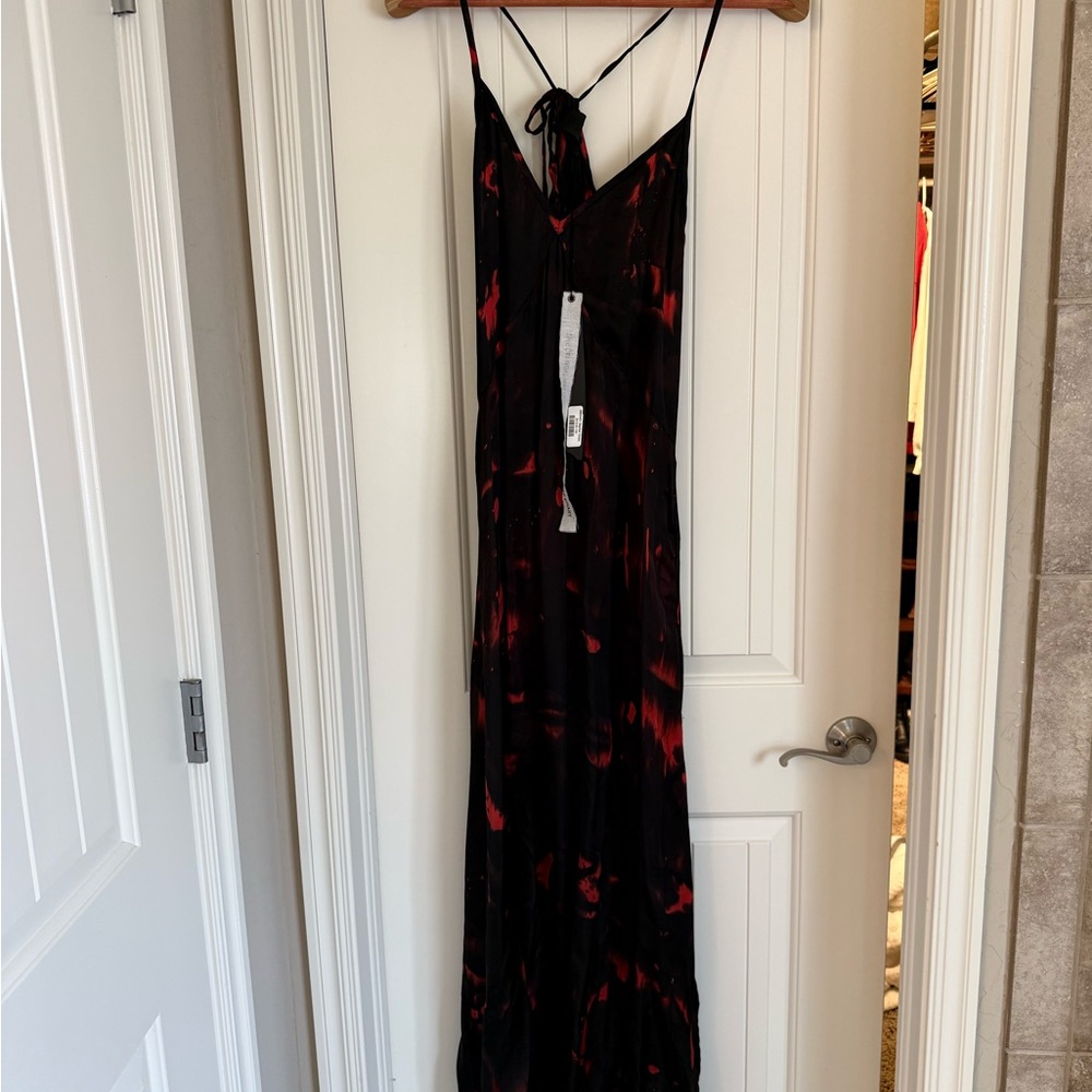 Black Maxi Slip Dress with Red Pattern and Spaghetti Straps